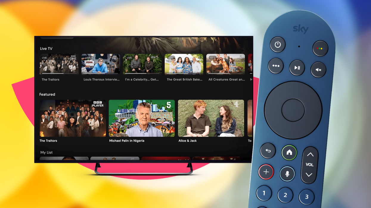 a sky glass tv remote pictured on the right side of the image with a Smart tv with the freely menu on the screen in the background