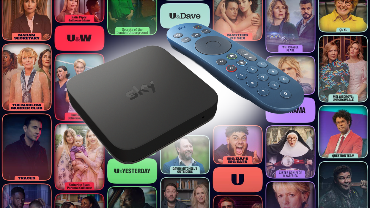 a sky stream puck with sky remote beside it with a promotional image of all UKTV shows to stream from dave, alibi, yesterday and more in the background