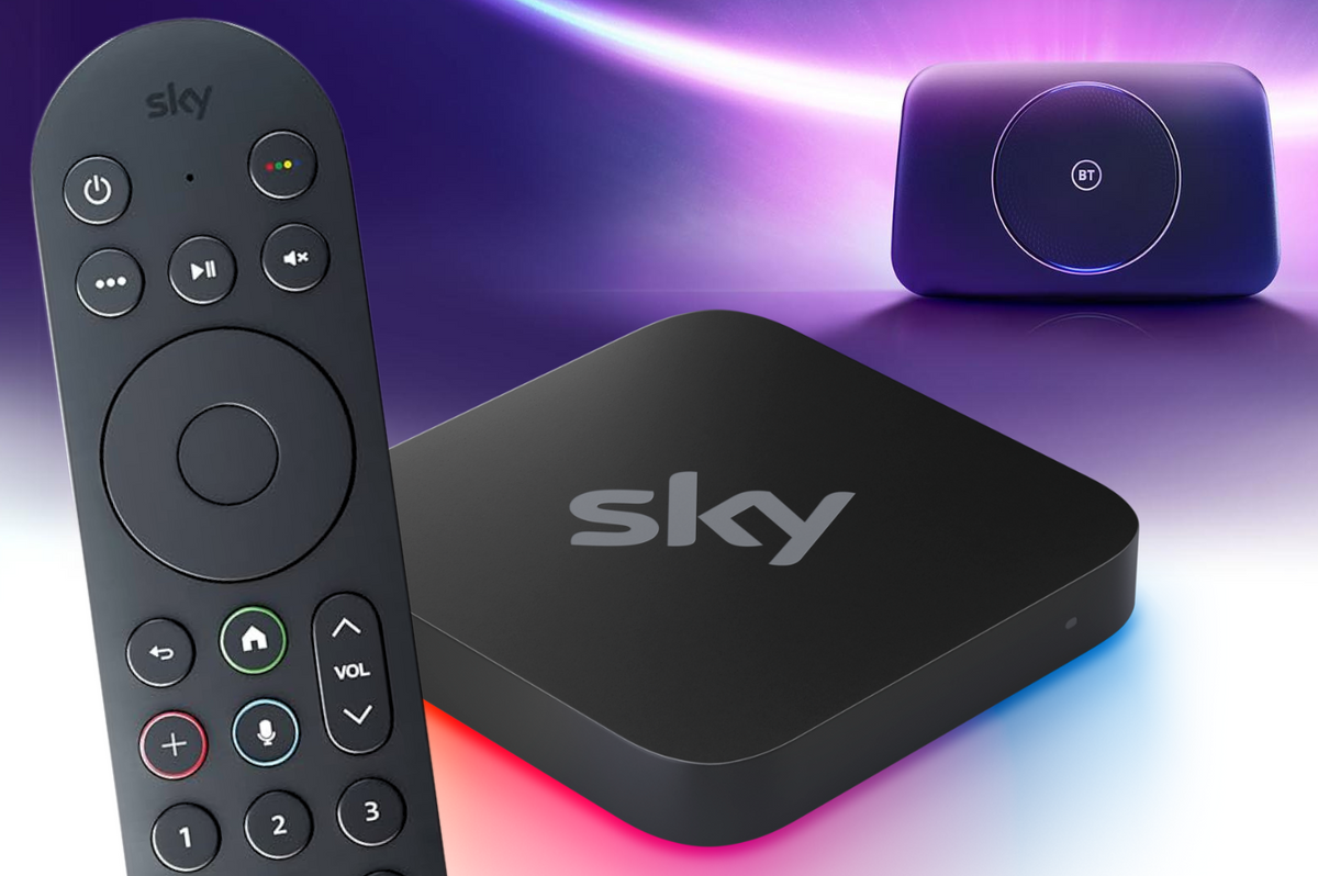a sky stream remote control is pictured infront of the new sky stream box while a bt broadband router can be seen in the background 
