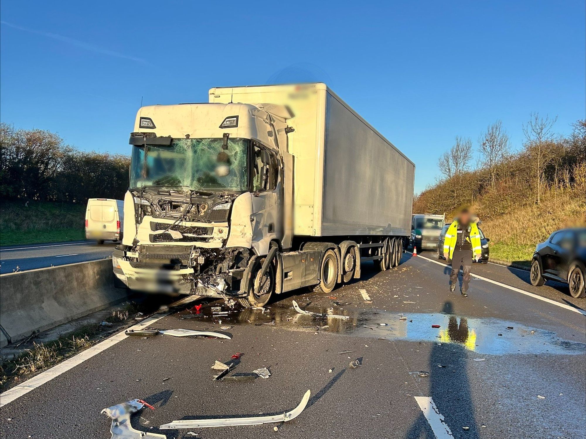 A smashed lorry on the A1M near Doncaster