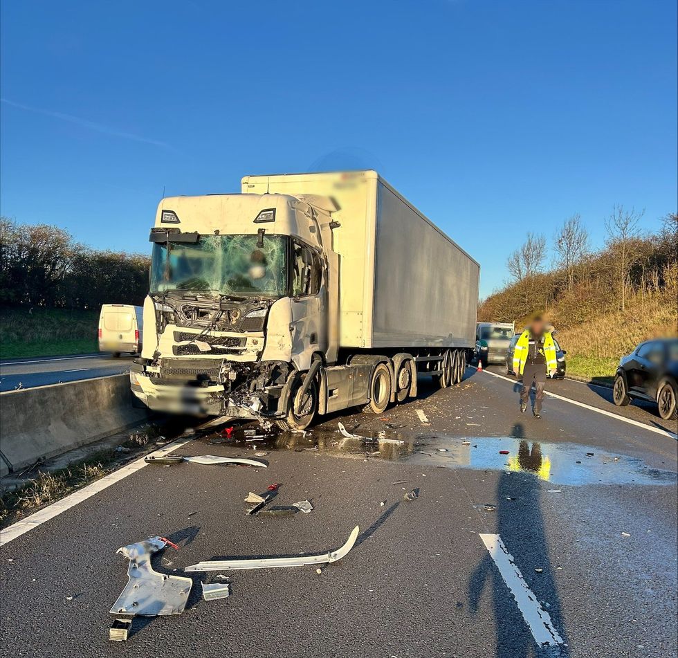 A smashed lorry on the A1M near Doncaster