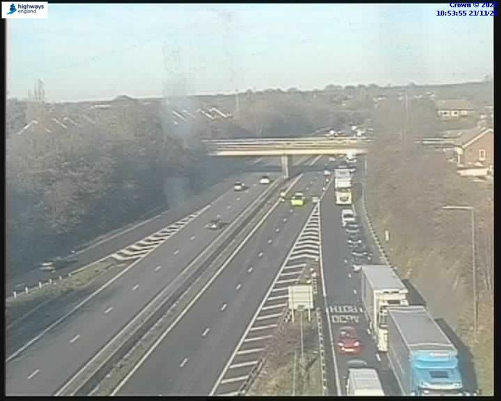 A smashed lorry on the A1M near Doncaster