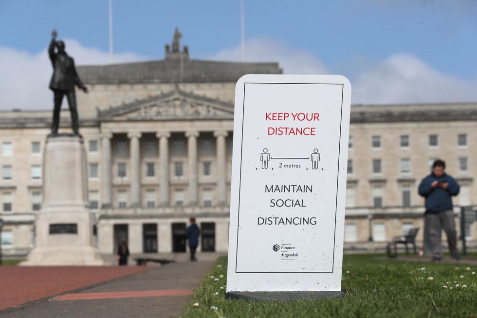 A social distancing sign in the Stormont Estate in Belfast