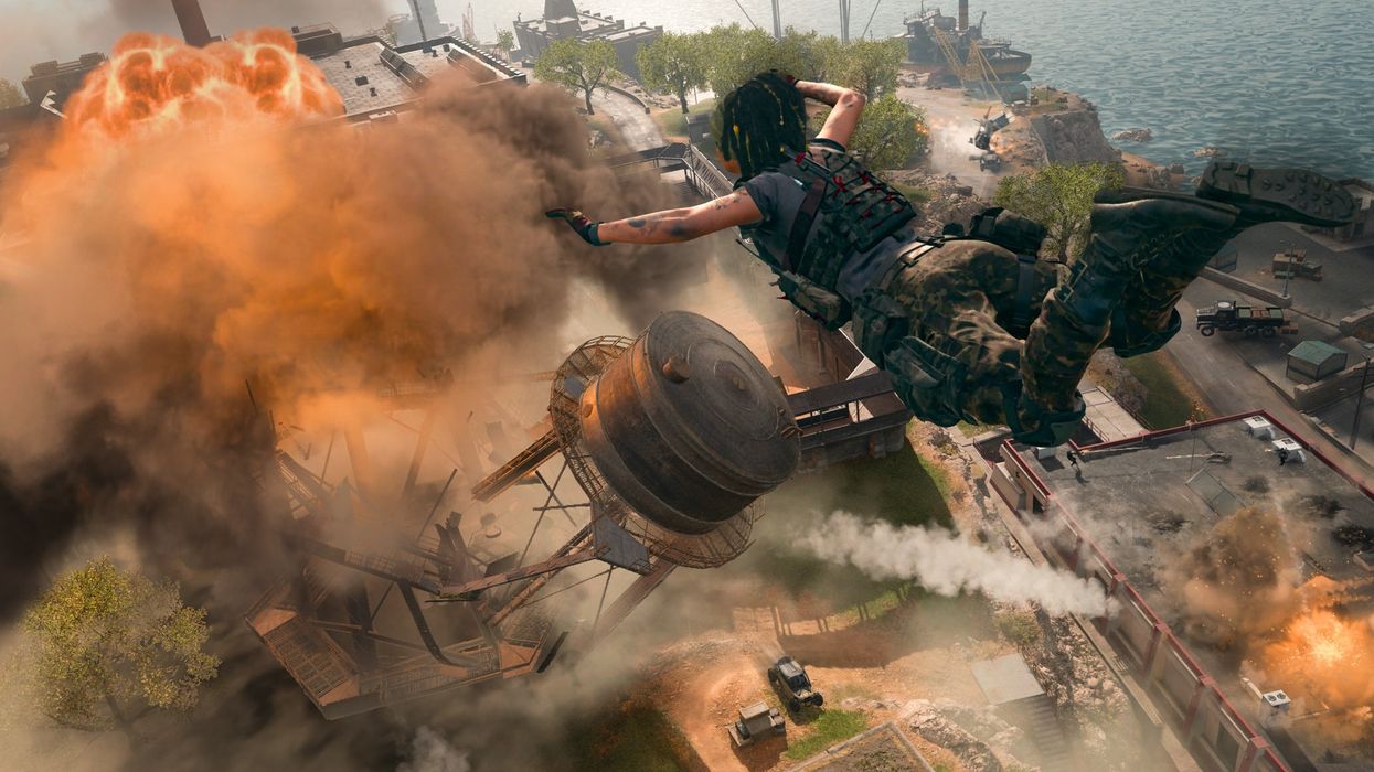 a soldier skydives into the scene with an exploding water tower from call of duty warzone