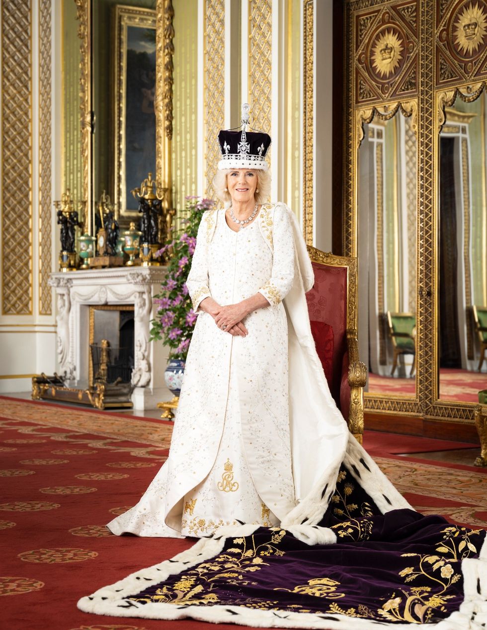 A solo image of Queen Camilla wearing Queen Mary\u2019s Crown was also taken by photographer Hugo Burnard in the Green Drawing Room