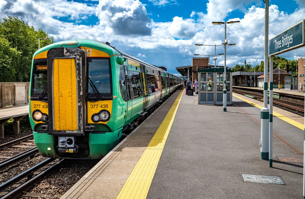 A Southern Railway train pulls into Three Bridges Railway Station