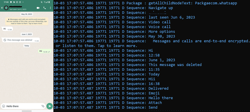 a split image with an example of a WhatsApp conversation on one side and lines of code from the VajraSpy spyware on the other