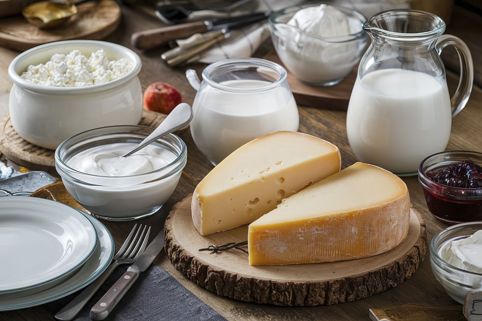 A spread of yoghurt, milk and cheese