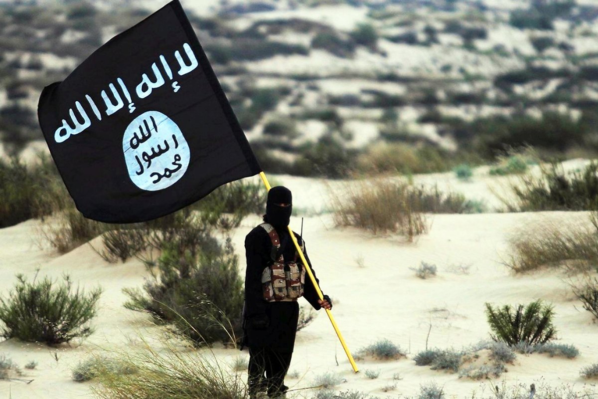 A stock image of a masked Islamic State soldier poses holding the ISIL banner somewhere in the deserts of Iraq or Syria
