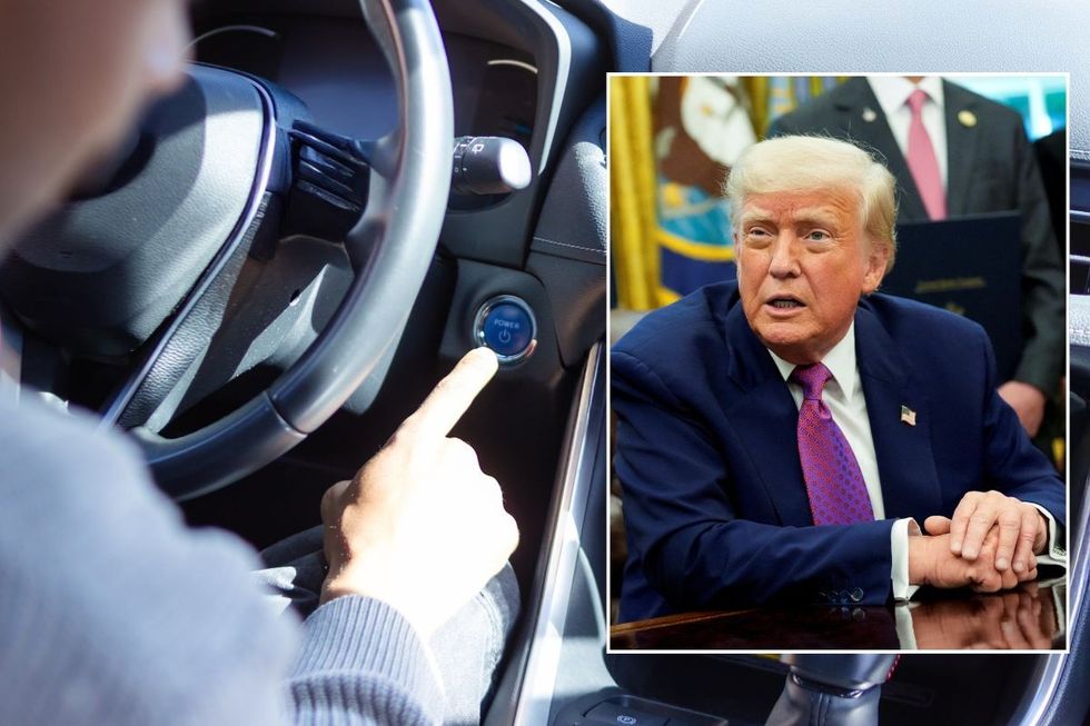 A stop/start button in a car and President Donald Trump