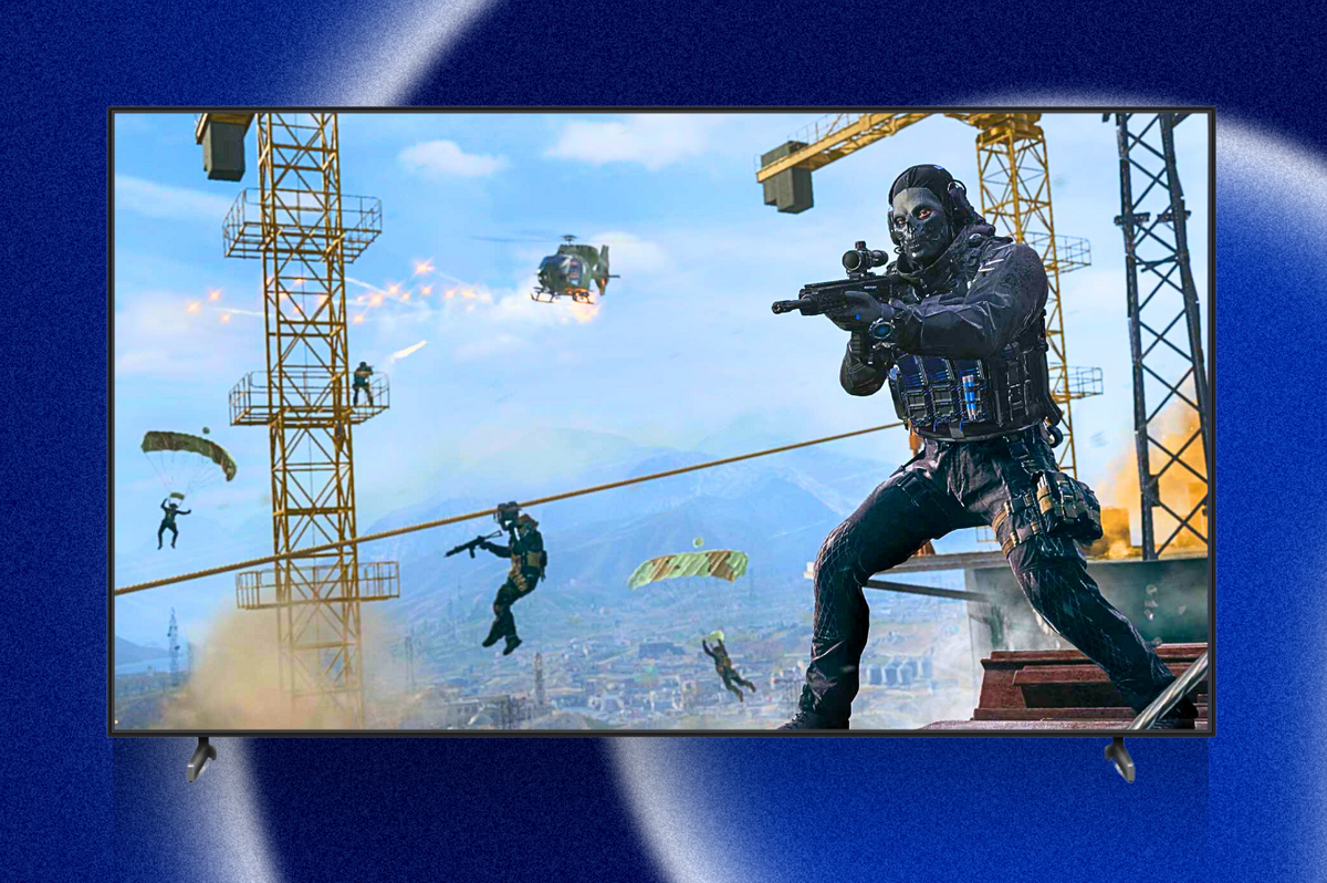 a television screen showing gameplay from cod warzone a free-to-play game on windows mac iphone and android 