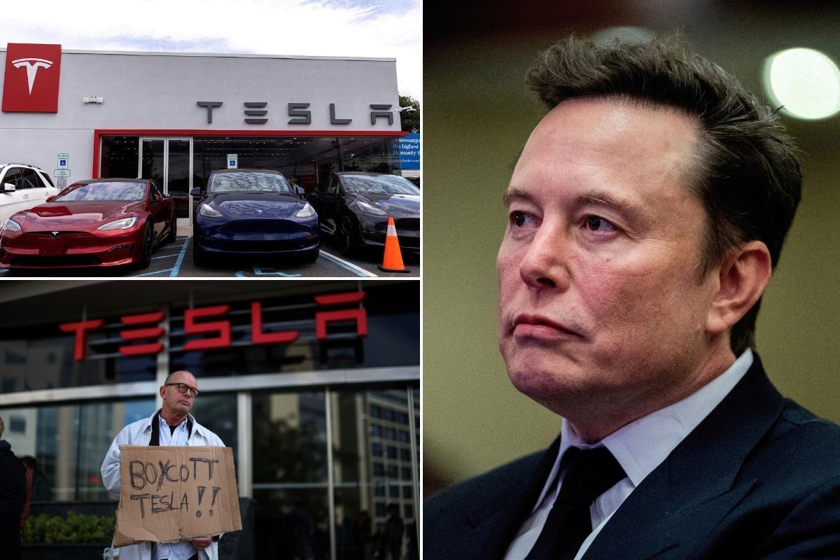 A Tesla dealership, a 'Boycott Tesla' sign and Tesla CEO Elon Musk
