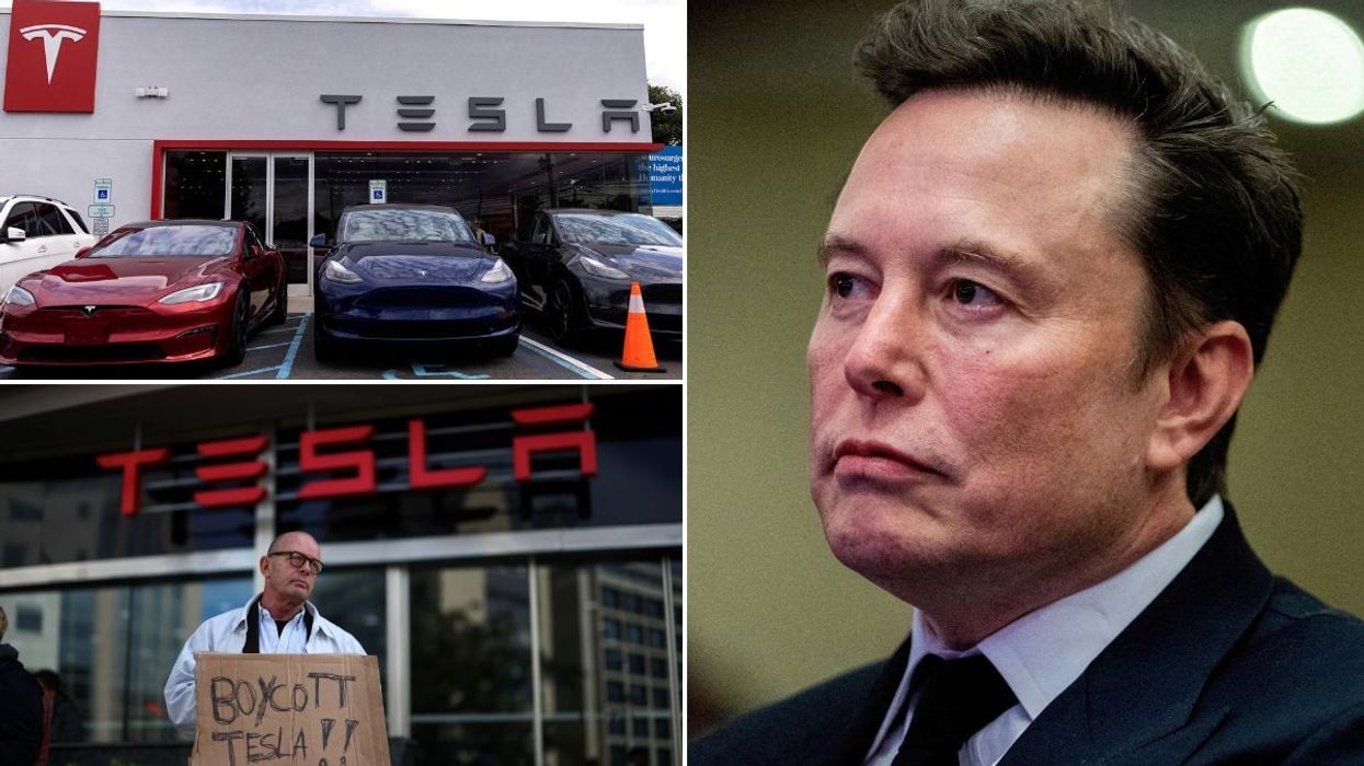 A Tesla dealership, a 'Boycott Tesla' sign and Tesla CEO Elon Musk