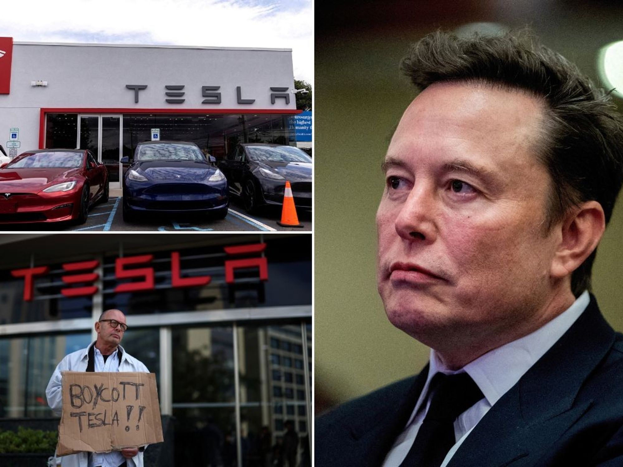 A Tesla dealership, a 'Boycott Tesla' sign and Tesla CEO Elon Musk