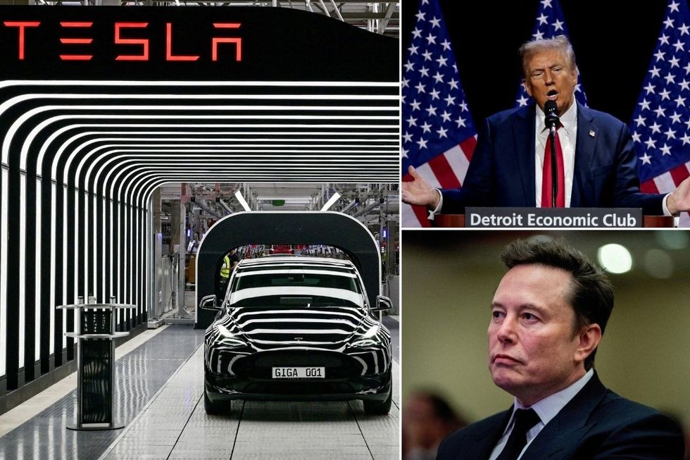 A Tesla factory, Donald Trump and Elon Musk