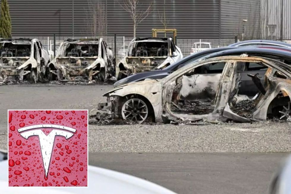A Tesla logo and a a Tesla dealership in Toulouse targeted by arsonists
