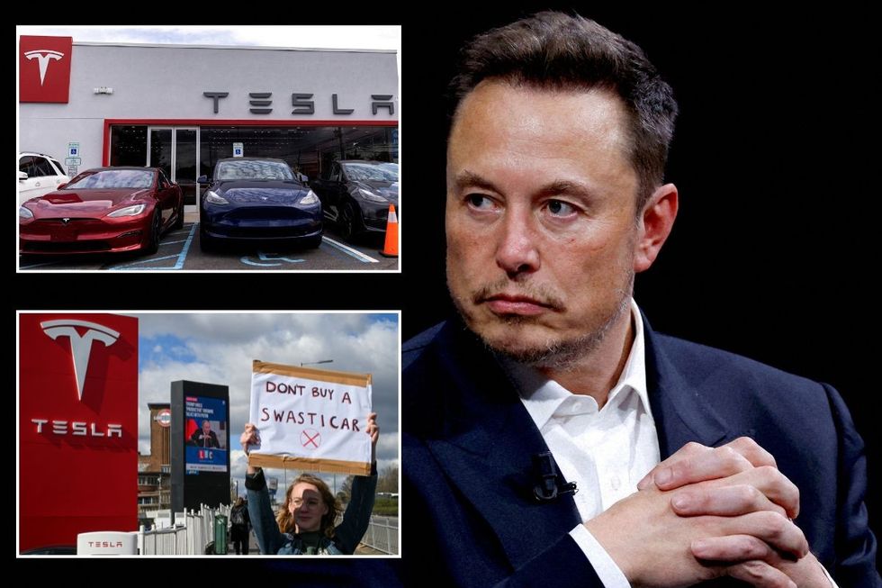 A Tesla showroom, Tesla Takedown protest and Elon Musk