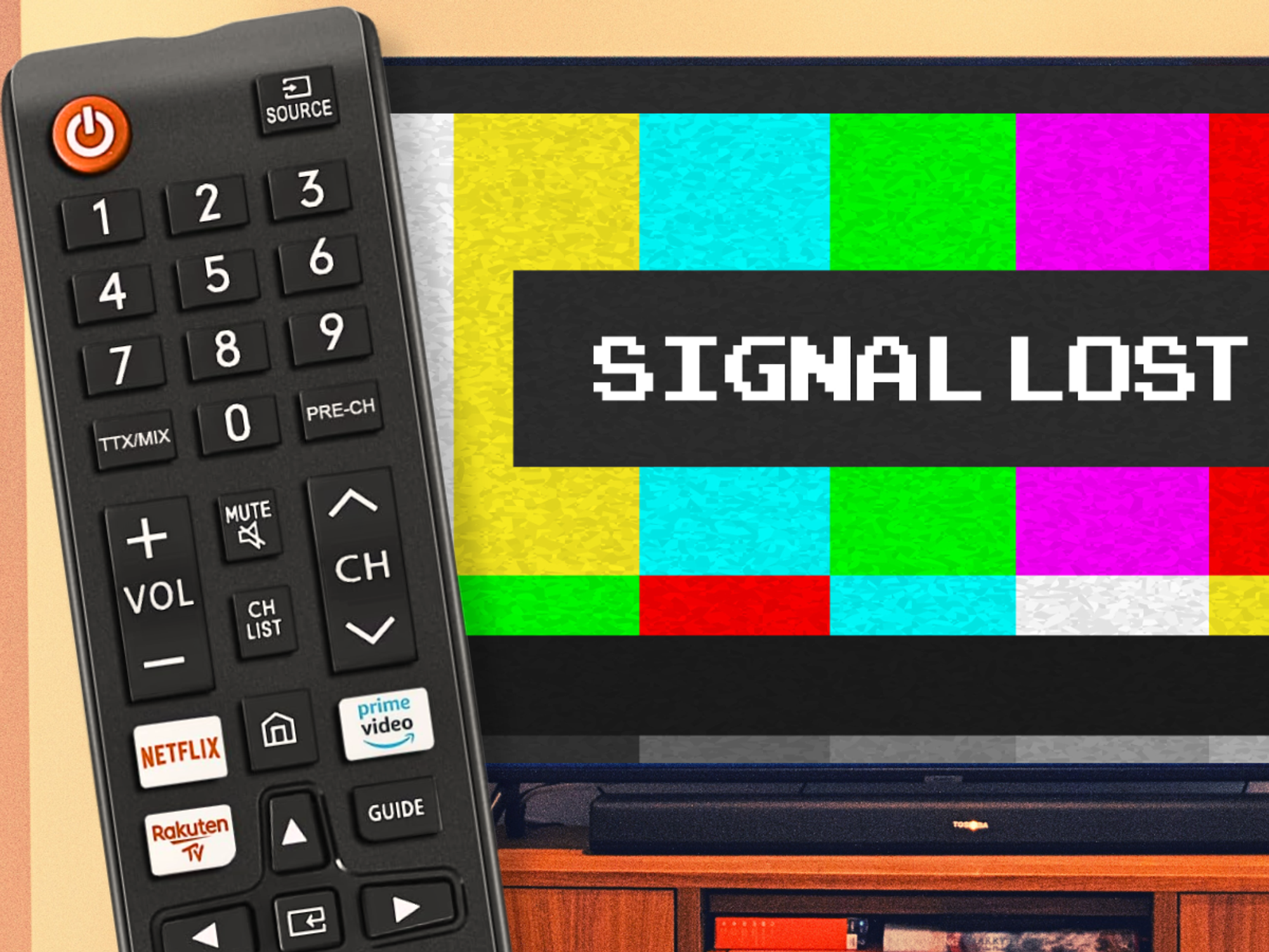 a tv remote is pictured on the left side of the image with a flatscreen television showing a signal lost warning sign in the background