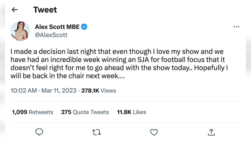 A tweet by Alex Scott announcing she would not be presenting Football Focus