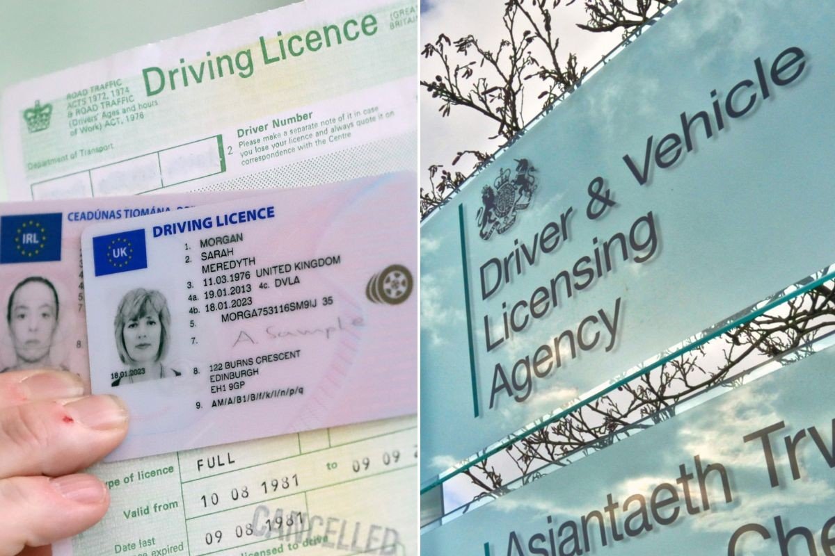 A UK and Irish driving licence and a DVLA sign