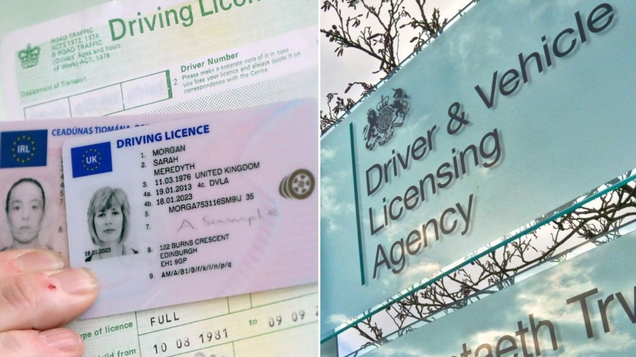 A UK and Irish driving licence and a DVLA sign