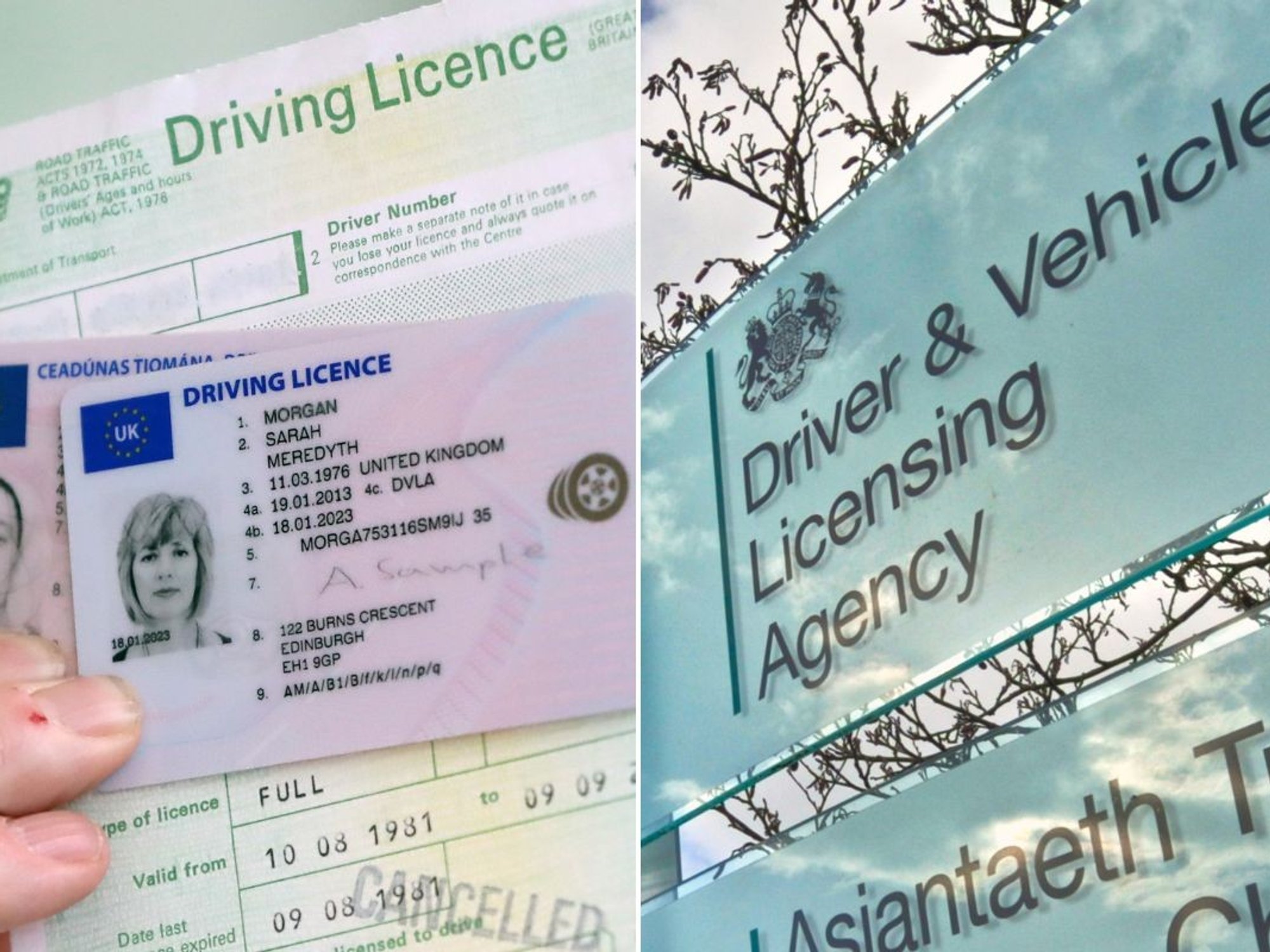 A UK and Irish driving licence and a DVLA sign