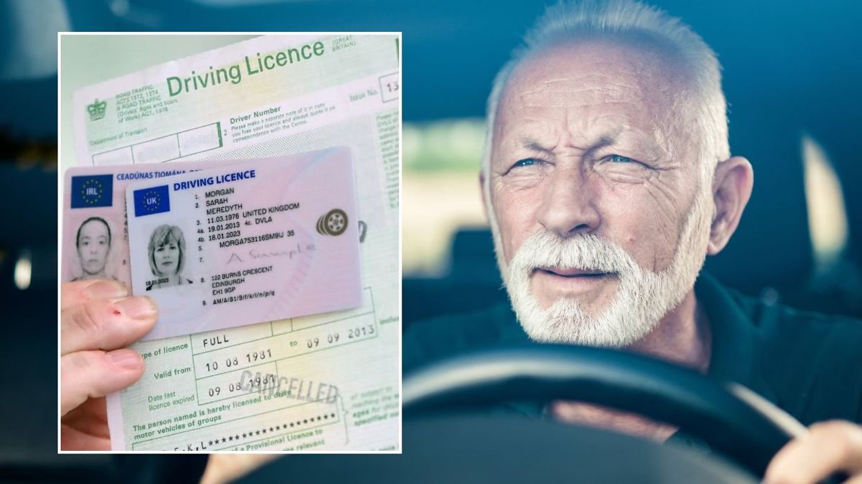 A UK driving licence and an older man squinting in a car