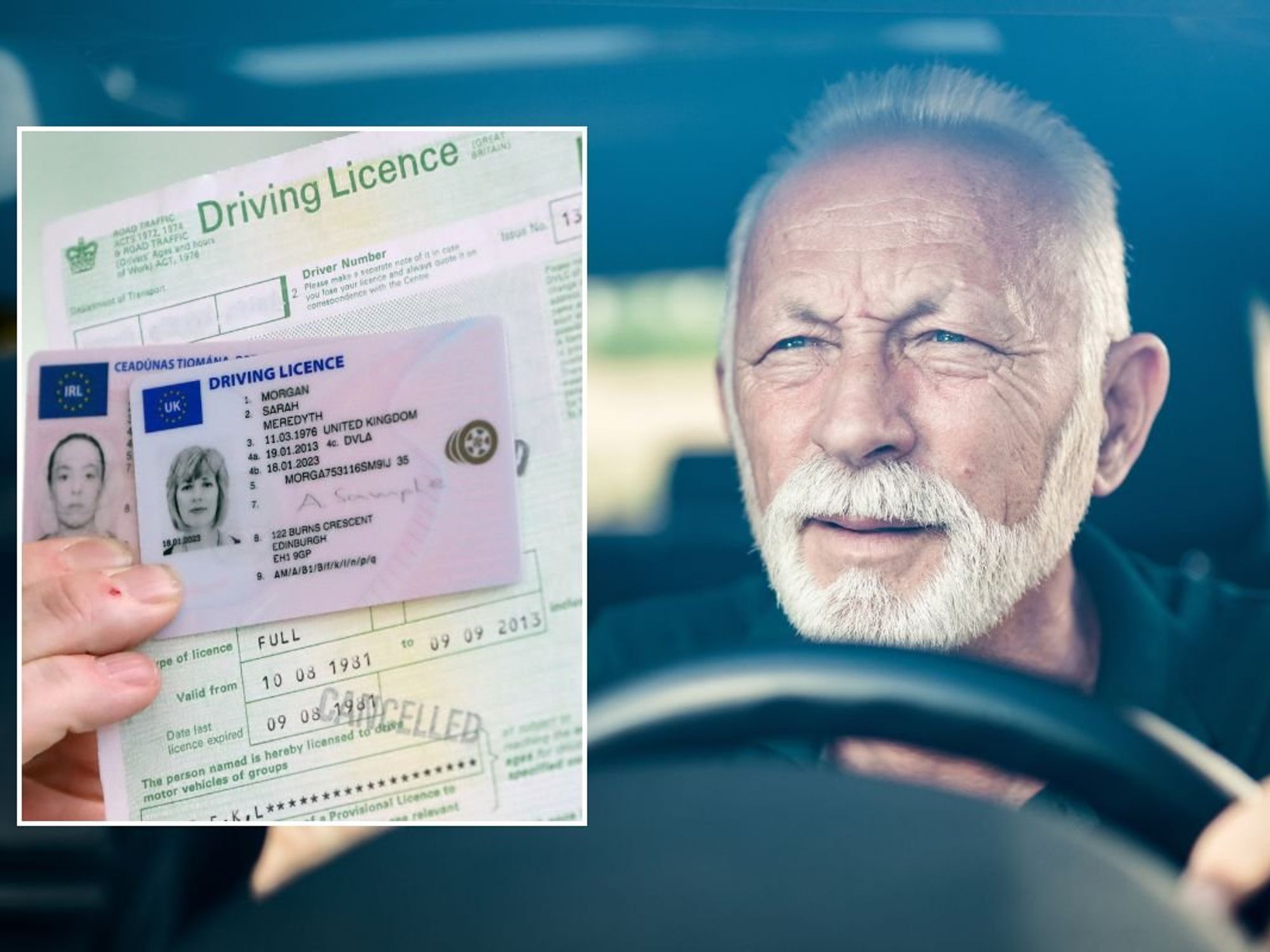 A UK driving licence and an older man squinting in a car