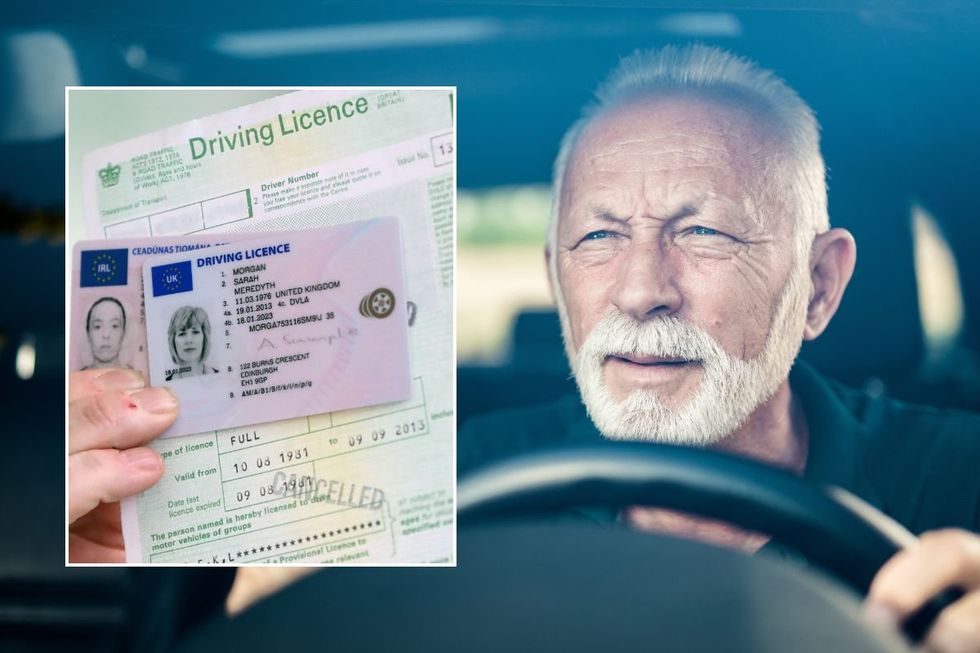A UK driving licence and an older man squinting in a car
