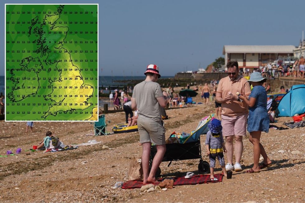 A UK weather map alongside people on a beach in Norfolk