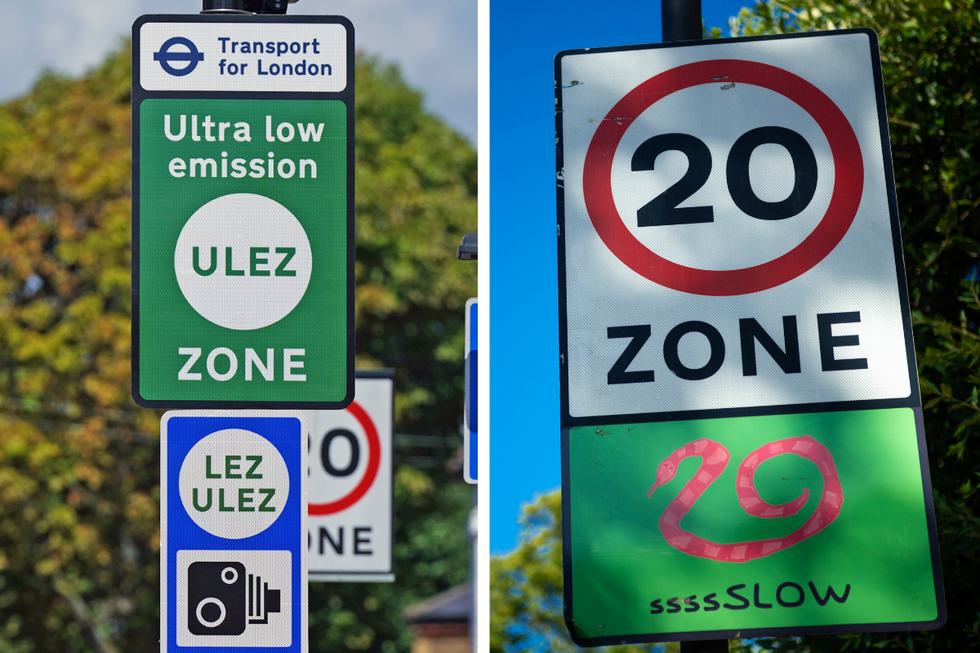 A Ulez sign and a 20mph speed limit sign