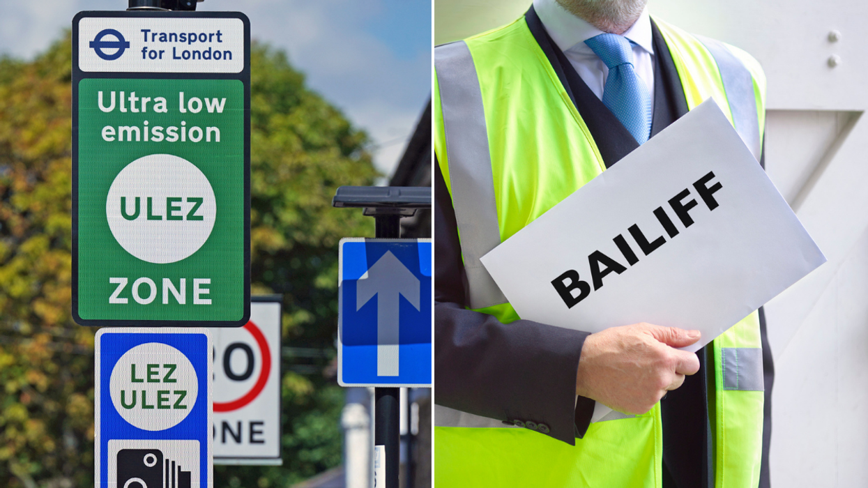 A Ulez sign and a bailiffs collecting money