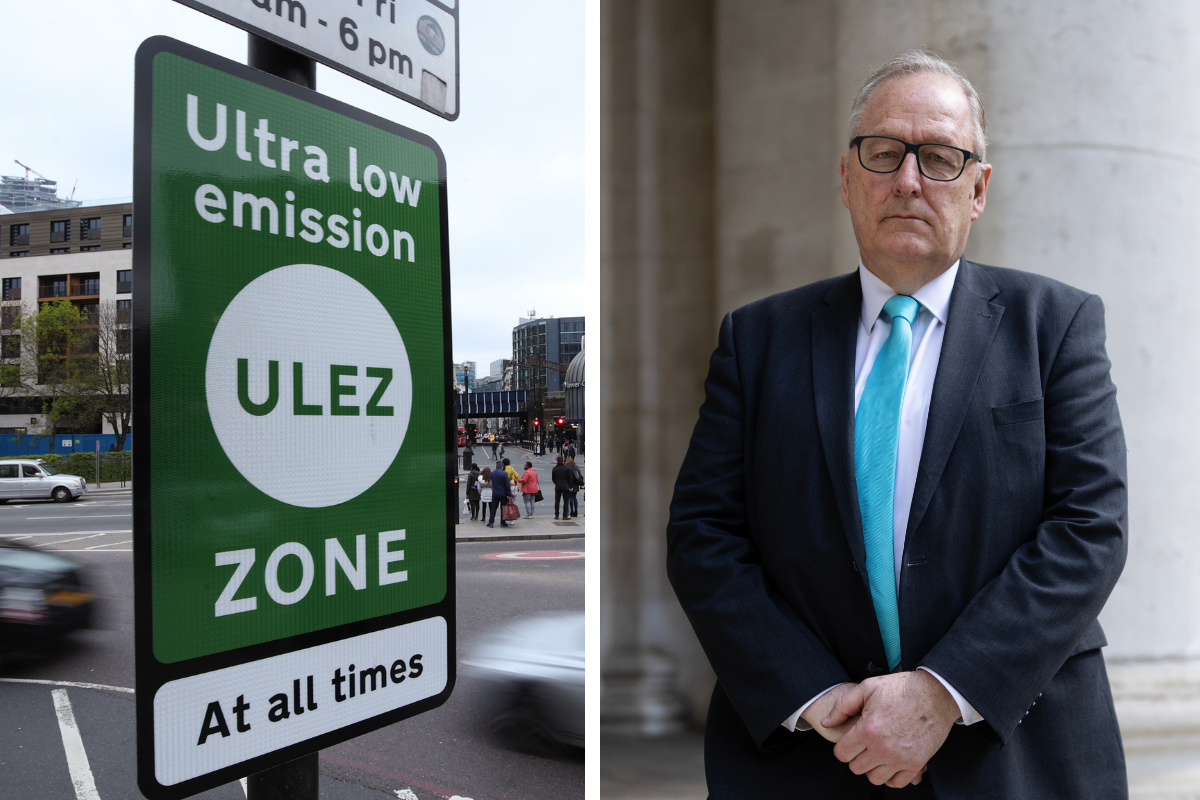 A Ulez sign and Howard Cox