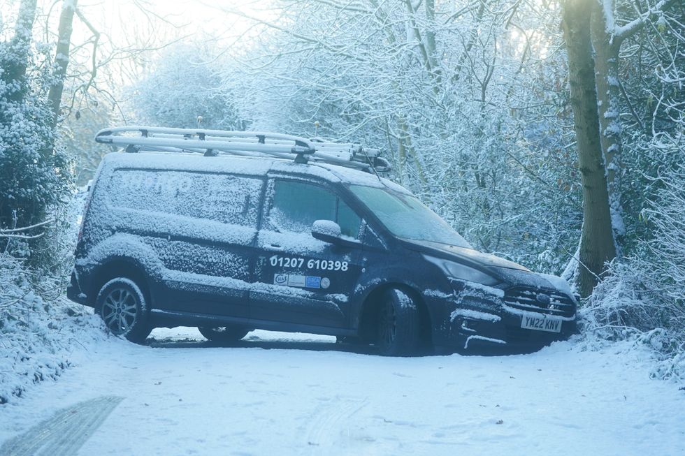 A van that has lost control in the snow in Castleside, Durham. Parts of the UK are being hit by freezing conditions with the UK Health Security Agency (UKHSA) issuing a Level 3 cold weather alert covering England until Monday and the Met Office issuing several yellow weather warnings for snow and ice in parts of the UK over the coming days. Picture date: Friday December 9, 2022.