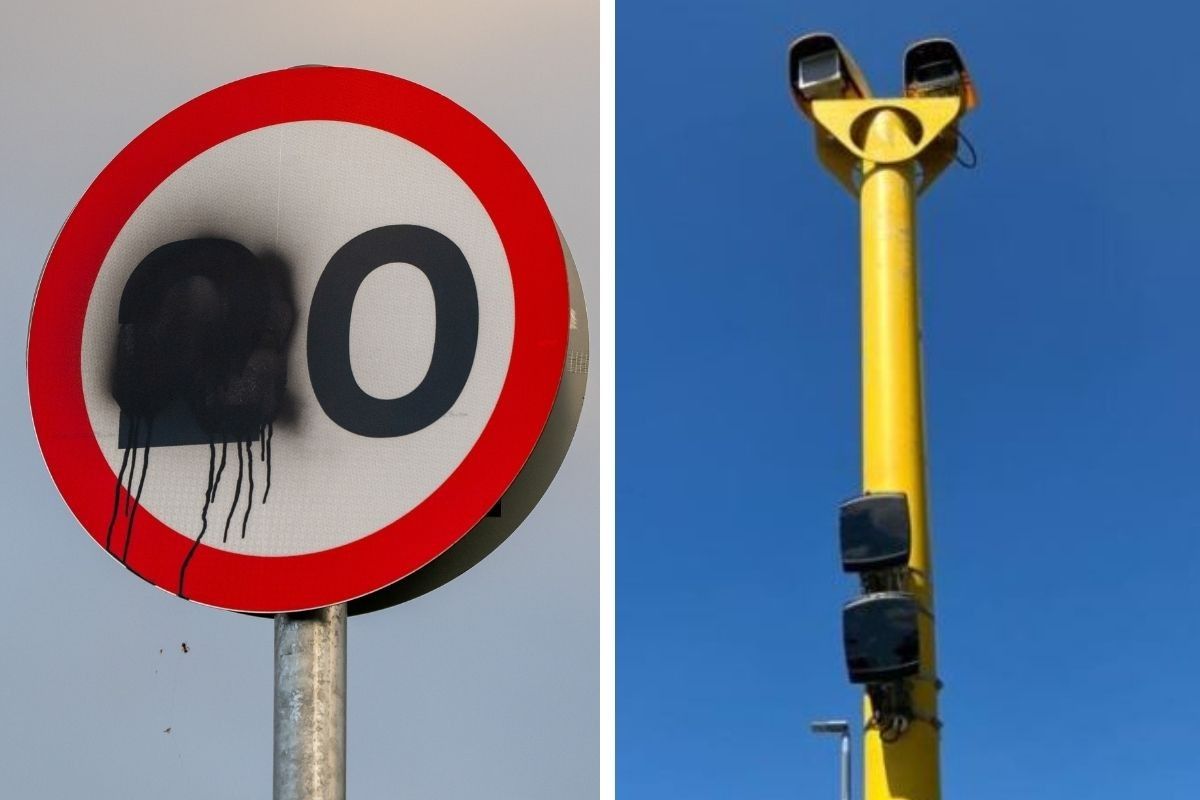 A vandalised 20mph speed limit sign and a speed camera 