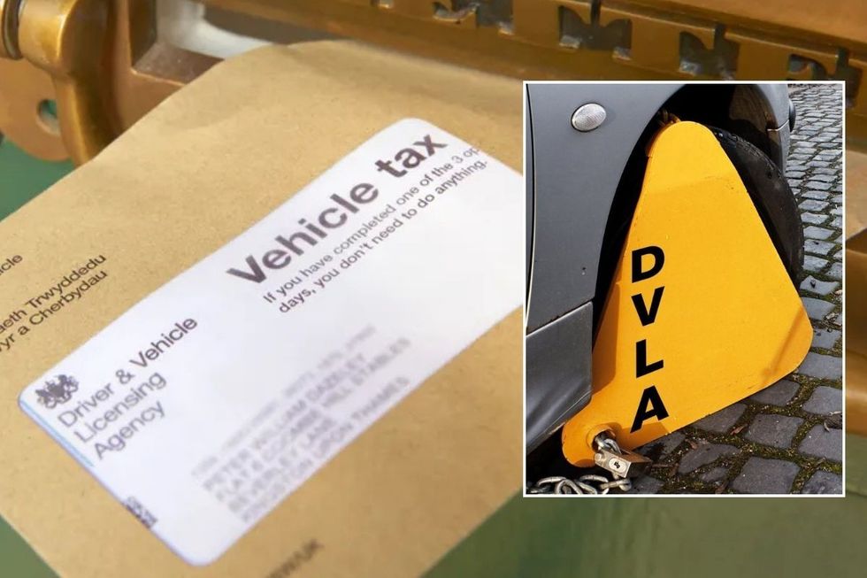 A vehicle tax reminder letter and a DVLA wheel clamp