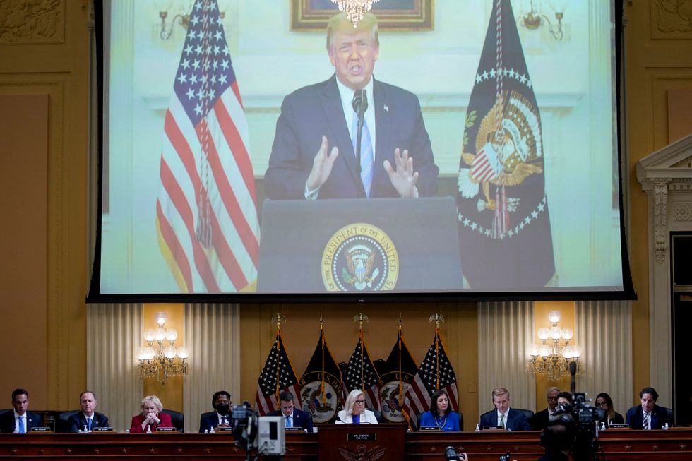 A video of former President Donald Trump plays on a screen during a hearing of the Select Committee to Investigate the January 6th Attack on the US Capitol in Washington, D.C., US, on Thursday, July 21, 2022. Al Drago/Pool via REUTERS