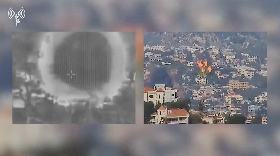 A view from two angles, of a strike on a building in the location given as Lebanon in this still image taken from handout video released December 30, 2023