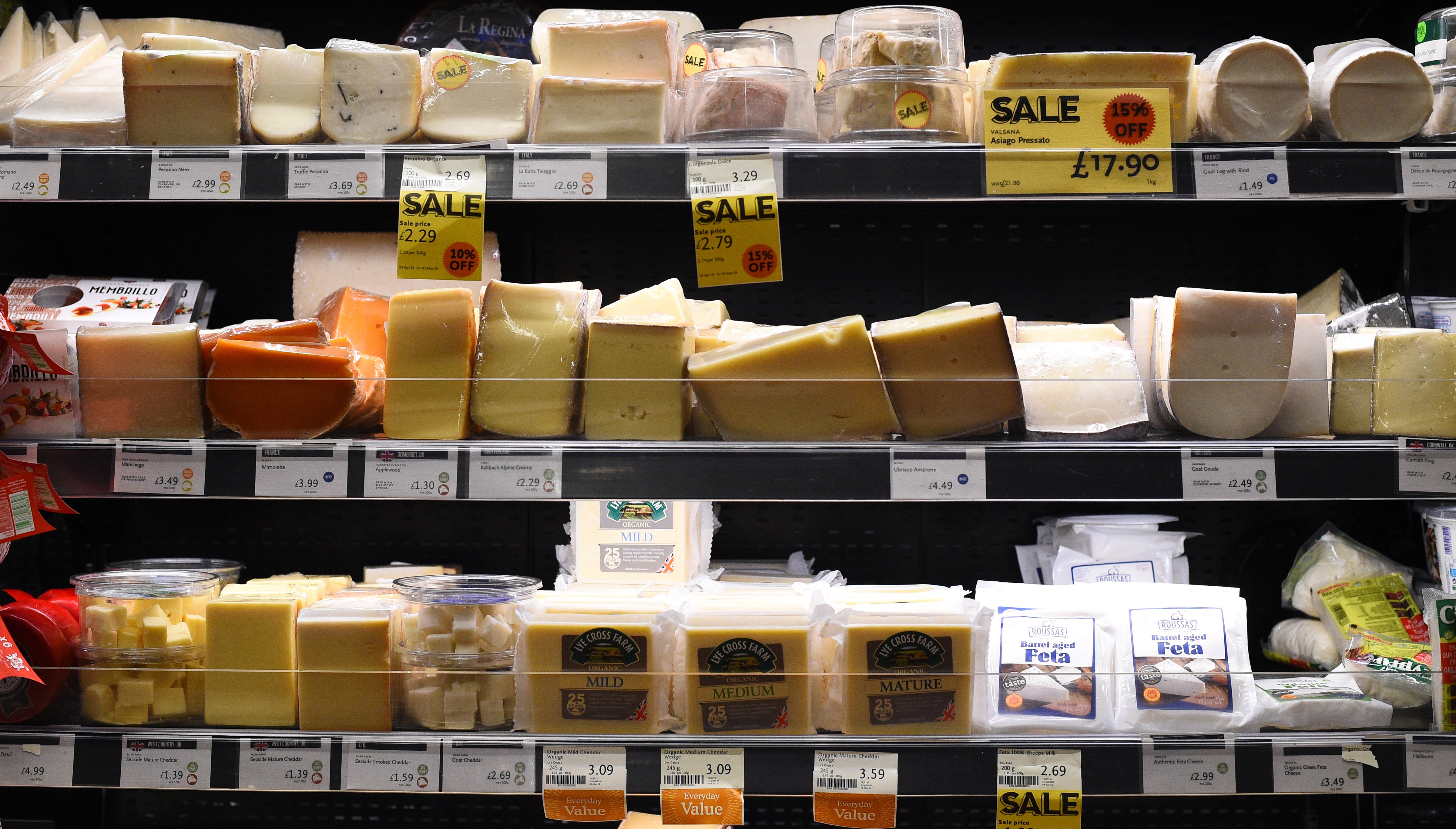 A view of cheese in a Whole Foods Market shop in London.