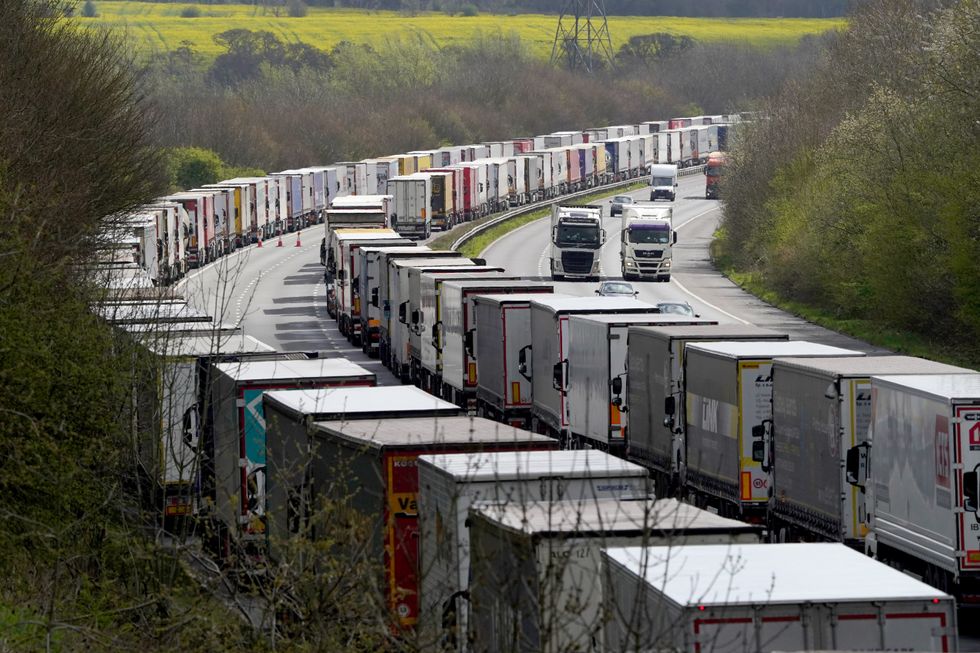 A view of lorries queued in Operation Brock on the M20 near Ashford in Kent as freight delays continue at the Port of Dover, in Kent, where P&O ferry services remain suspended after the company sacked 800 workers without notice. Picture date: Thursday April 7, 2022.