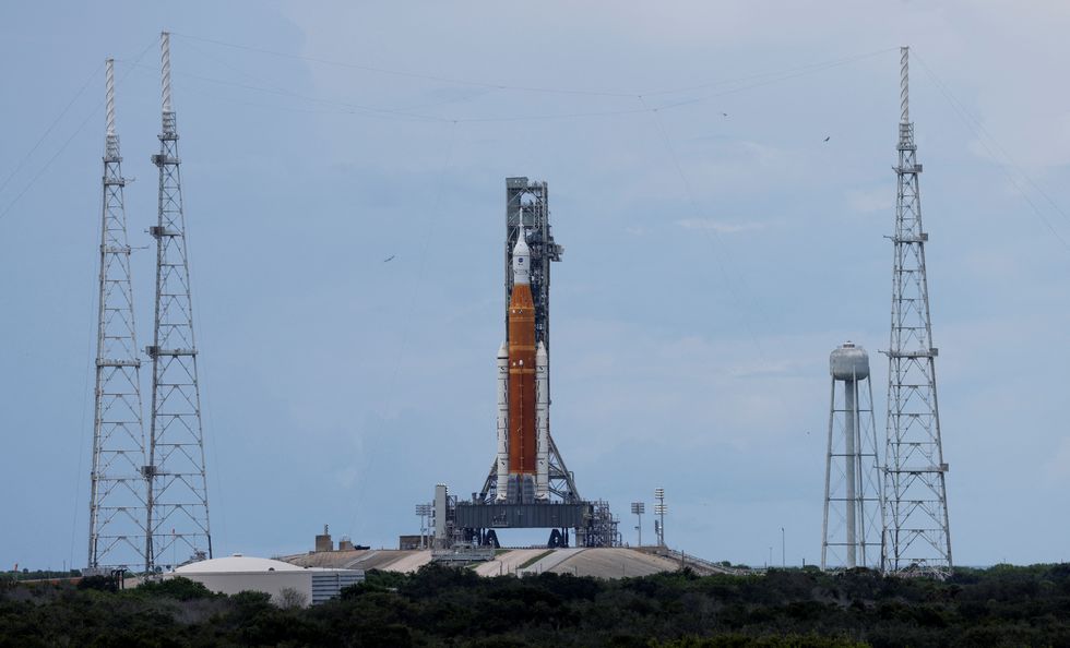 A view of NASA's next-generation moon rocket, the Space Launch System (SLS) rocket with its Orion crew capsule perched on top, as it stands on launch pad 39B in preparation for the unmanned Artemis 1 mission at Cape Canaveral, Florida, U.S. August 28, 2022. REUTERS/Joe Skipper