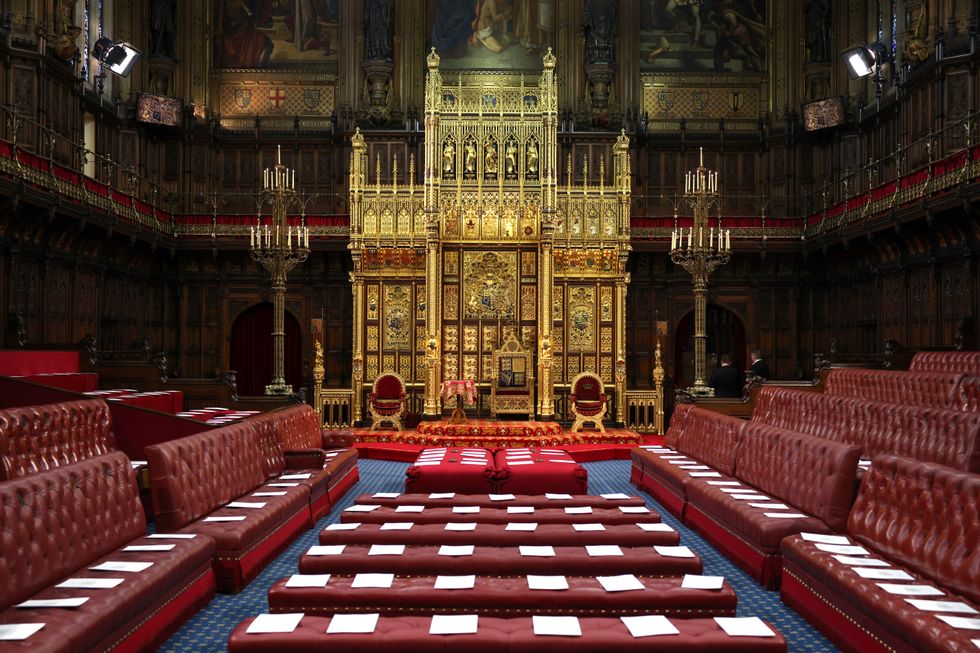 A view of the House of Lords chamber showing the Sovereign's Throne set aside ahead of the State Opening of Parliament in the House of Lords, London. Picture date: Tuesday May 10, 2022.