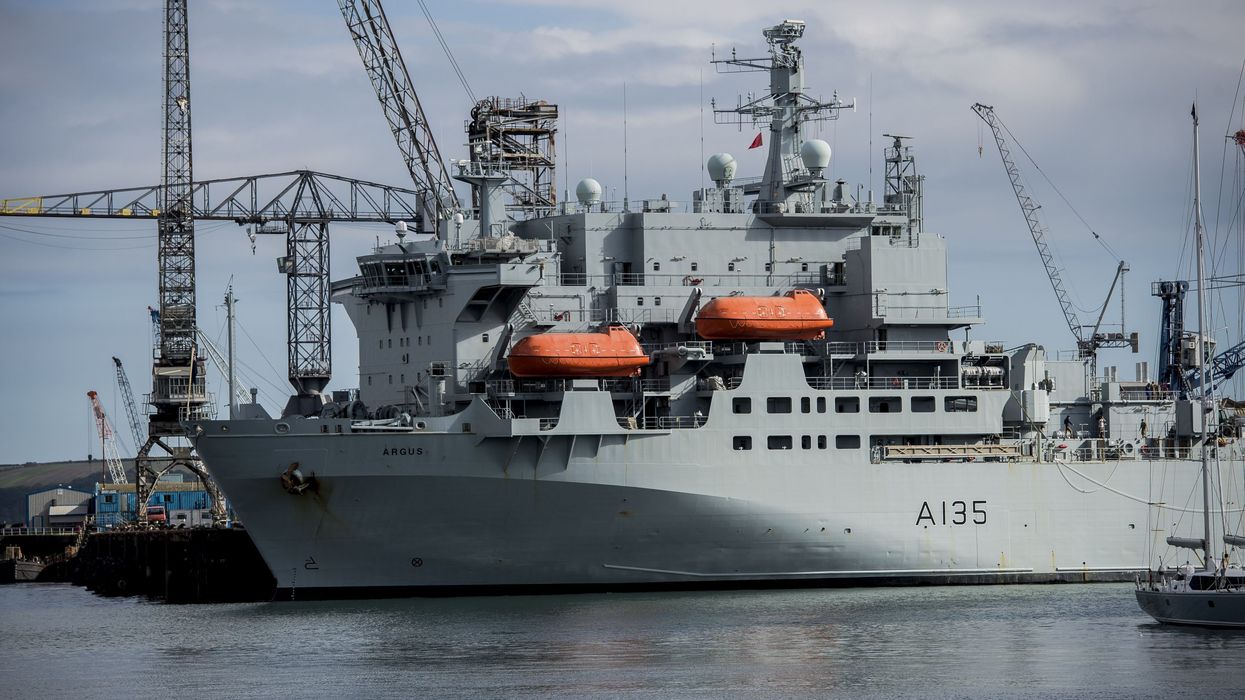 A view of the Royal Fleet Auxiliary Argus, docked in Falmouth