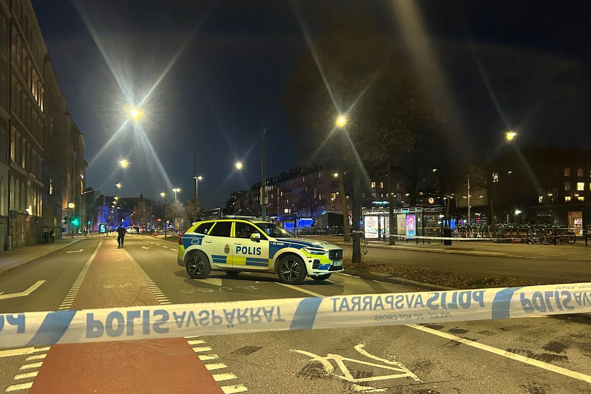 A view of the site where a bus hit a bus stop in central Stockholm, Sweden,