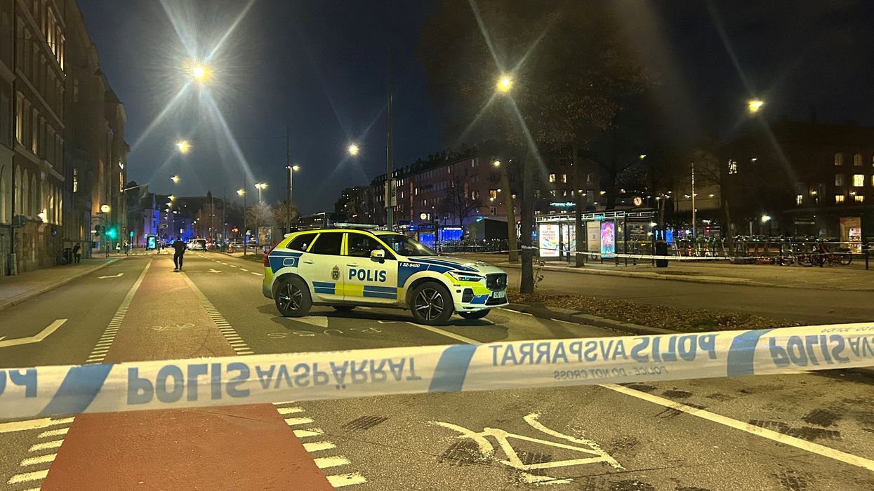 A view of the site where a bus hit a bus stop in central Stockholm, Sweden,