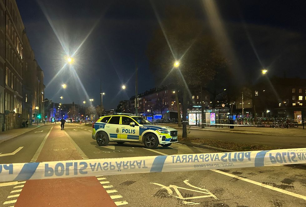 A view of the site where a bus hit a bus stop in central Stockholm, Sweden,
