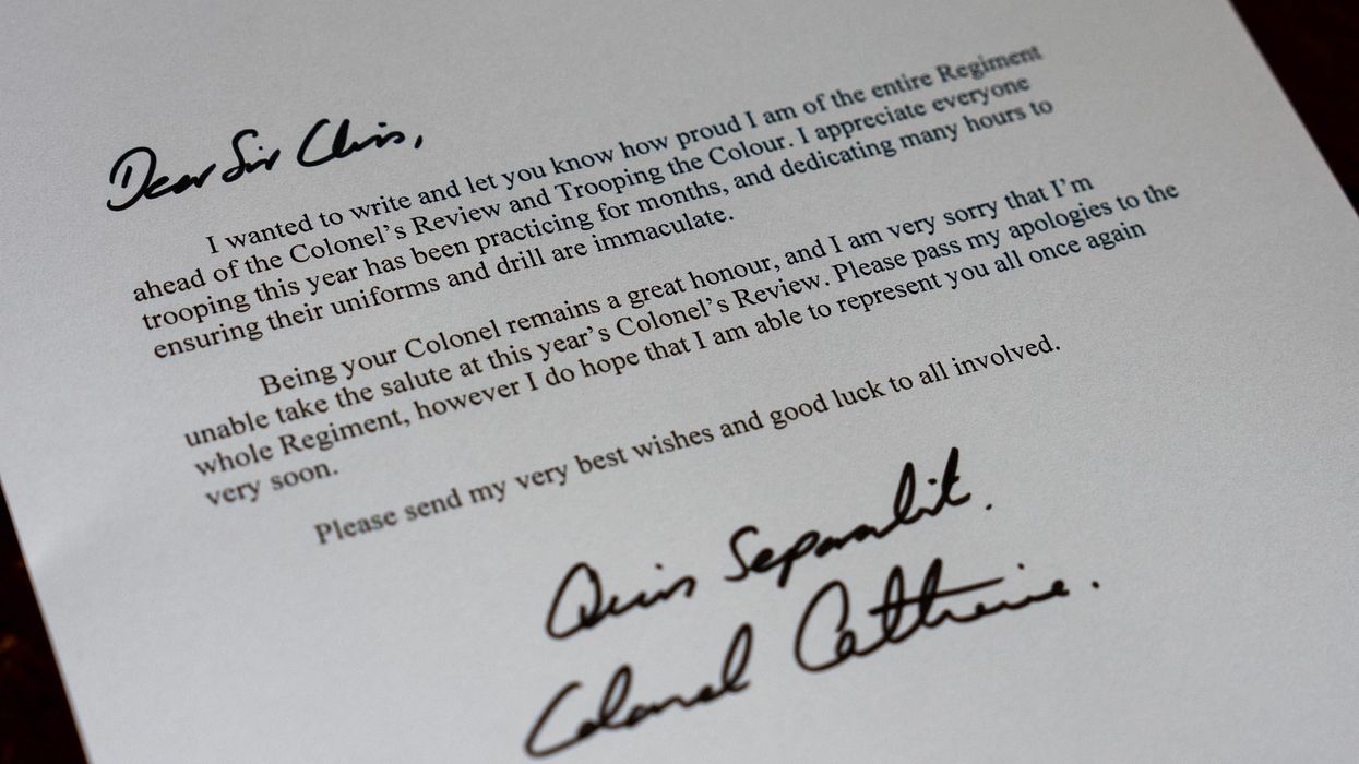 A view shows a letter from Britain's Catherine, Princess of Wales, to the Irish Guards