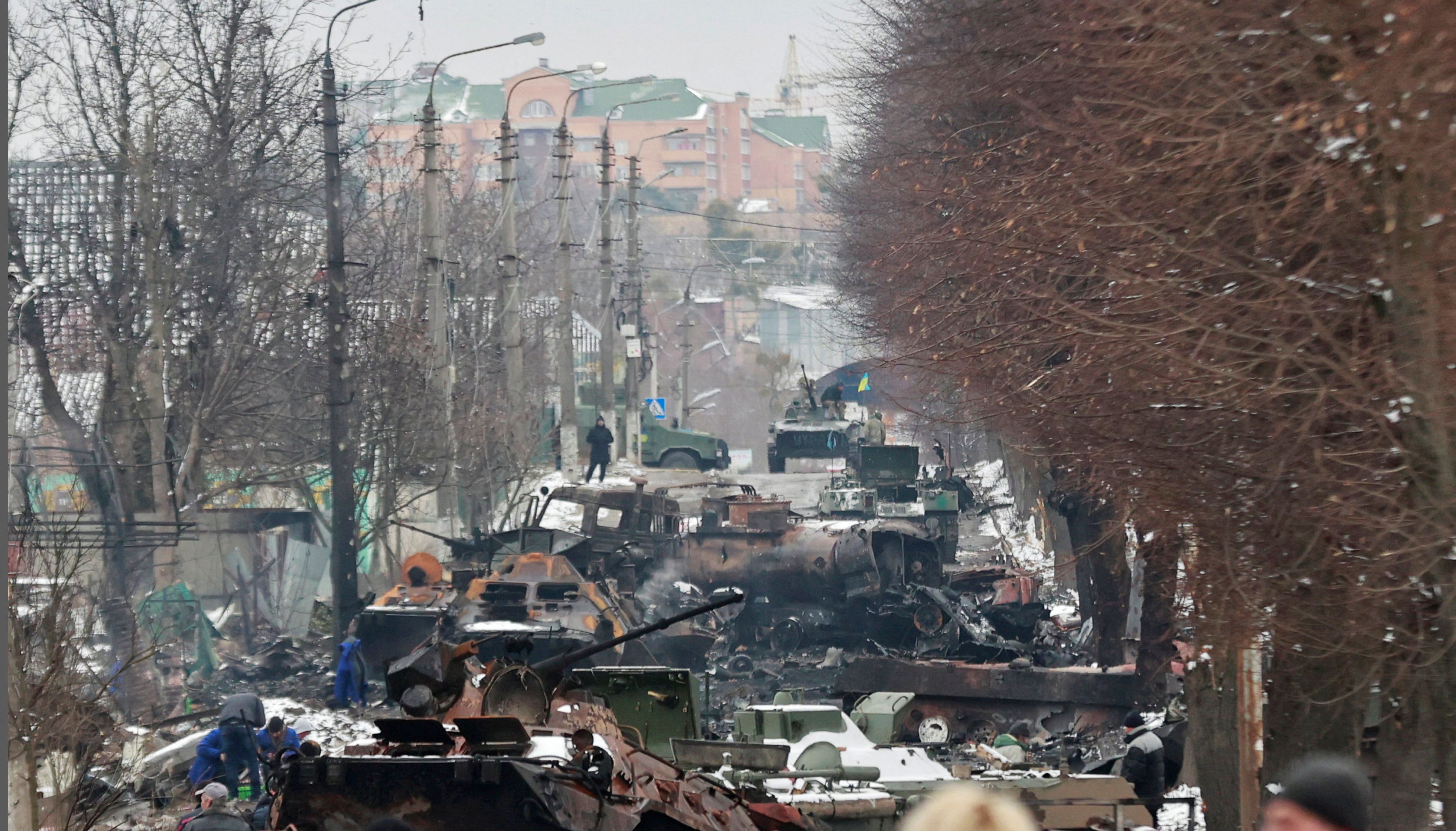 A view shows destroyed military vehicles on a street, as Russia's invasion of Ukraine continues, in the town of Bucha in the Kyiv region, Ukraine March 1, 2022. Picture taken March 1, 2022. REUTERS/Serhii Nuzhnenko