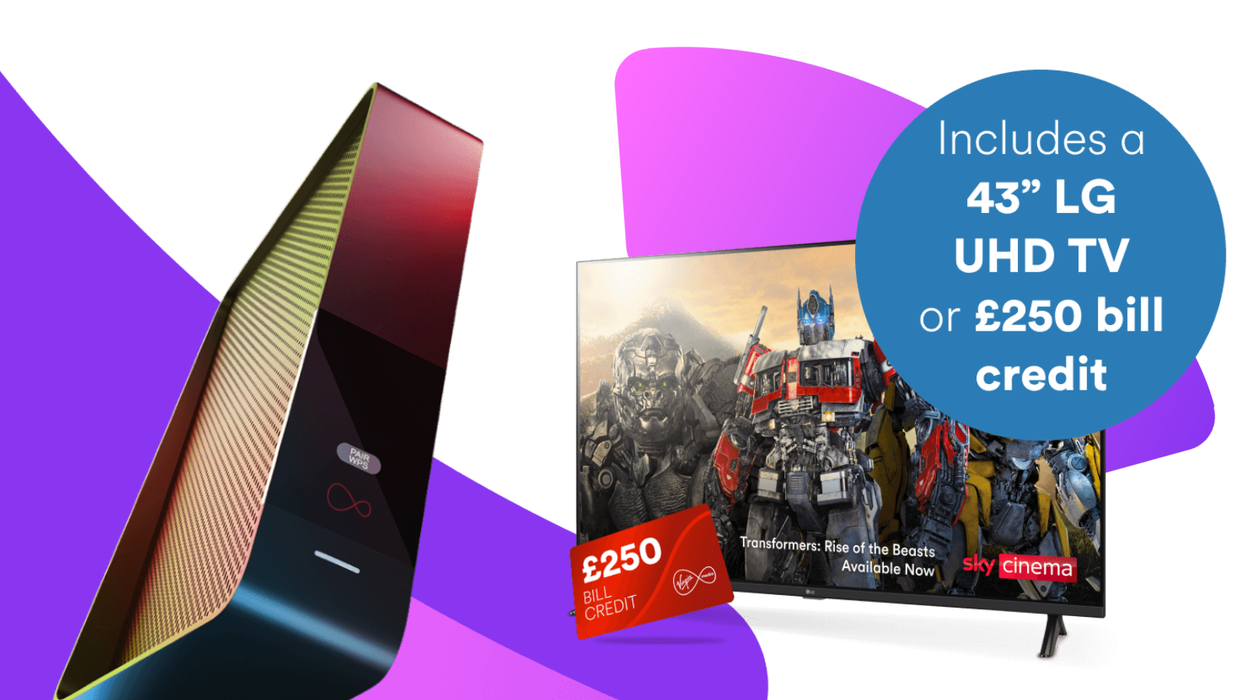 a virgin media router is pictured on the left side of the screen with the lg 4k tv available as a giveaway is pictured on the right