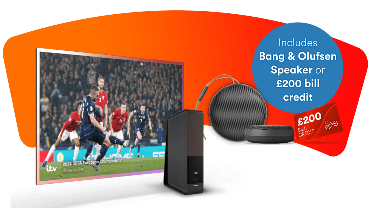 a virgin media router with a bang and olufsen bluetooth speaker pictured by the side